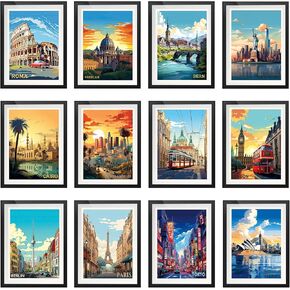 LIVSGNISTA Vintage Travel Posters Trendy City Wall Art Collage Kit Set of 12,Popular Cities Landscape Wall Decor Gift for Friend,Room Décor 8x11 Inch（Unframed）