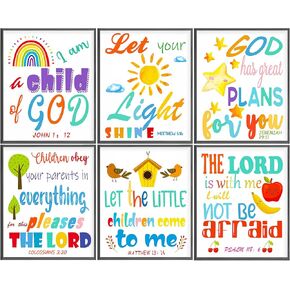 Set of 6 Sunday School Decorations for Classroom Colorful Rainbow Bible Scripture Wall Decor Kids Inspirational Canvas Posters 8''x10'' Unframed Christian Wall Art Pictures for School Nursery Playroom
