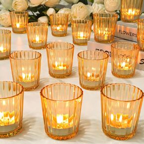 24 Pack Gold Votive Candle Holders, Striped Candle Holder Bulk, Tealight Candle Holders for Wedding Table Decor, Centerpiece Table Decorations, Table Centerpieces for Party Events