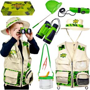 Bug Hunting Kit, Vest, Hat, Binoculars, Lg. Net, Bug Container, Whistle, Flashlight, Magnifier, Thermostat, Compass (Green)