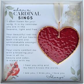 When A Cardinal Sings Memorial Stained Red Glass Heart-Cardinal Sympathy Gift for Loss of Loved One-Bereavement Gift for Friends/Family-Cardinal Memorial Gift for Loss of Mom/Dad - Handmade in USA