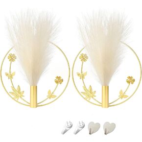 OLINLIFE 2 Park Gold Wall Decor، حامل ديكور معدني أنيق للحائط مع عشب بامباس الاصطناعي لديكور المنزل، جدار فني مثبت على الحائط لغرفة المعيشة، غرفة الطعام، بيت المزرعة، بوهو