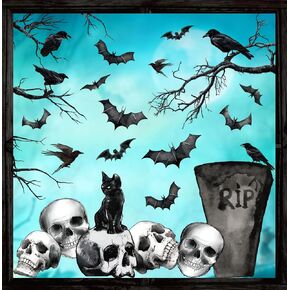 Whaline 6 Sheets Halloween Window Clings Graveyard Black Crow Bat Skull Reusable Window Decals for Gothic Party House Office School Home Glass Decor