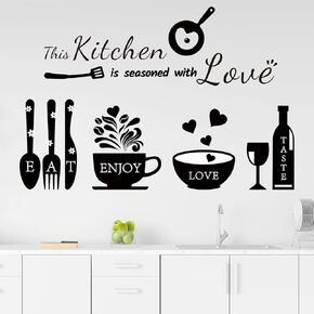 Kitchen Quote Wall Stickers Kitchen Seasoned with Love Wall Decals Wall Art Kitchen Utensil Decorations Wall Decor for Dining Room Home Office School Coffee Shop