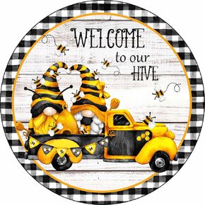 Our Hive Bumble Bee Gnome Truck Sign Spring Sign Door Hanger Wreath Sign Wreath Round Metal Wreath Sign Funny Tin Signss Bar Home Kitchen Room Art Wall Plaque Decor Gift Vintage Mural 12x12 Inch