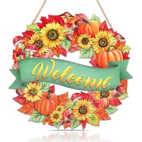 FWIEXA Thanksgiving Welcome Wood Hanging Sign(12"x11.4"), Harvest Flowers Thanksgiving Door hanger with Pumpkins Maple Leaves Hazelnuts, Thanksgiving Gift