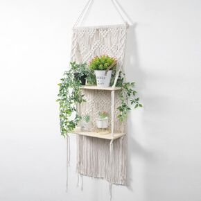رف معلق على الحائط من Macrame، رف نباتي معلق، رف معلق على الحائط من طبقتين، مثالي للنباتات الصغيرة وإطارات الصور والكتب.