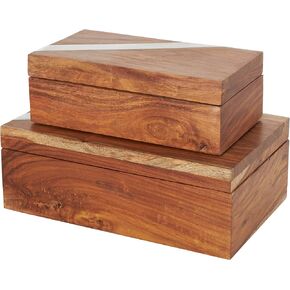 Deco 79 Mango Wood Decorative Box Decorative Keepsake Boxes with Silver Diagonal Stripes, Set of 2 Storage Boxes 11", 9" W, Brown