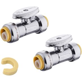 (Pack of 2) EFIELD Push Fit 1/4 Turn Straight Stop Valve Water Shut Off 1/2 Inch Push x 1/2 Inch Push, Chrome with a Disconnect Clip
