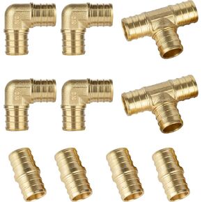ISPINNER PEX Fittings, 10pcs 3/4 inch PEX Straight Coupling (4pcs) Degree Elbow (4pcs) PEX Tee (2pcs), Brass Barb Crimp Pipe Hose Fittings (Pack of 10)