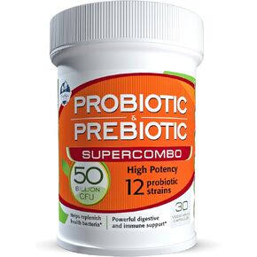 50 Billion CFU Prebiotic and Probiotic Supplement for Women and Men, 12 Strains for Daily Immune Support and Digestive Health, 30 Veggie Capsules, Non Refrigerated High Potency Probiotics