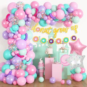 Donut Birthday Party Decorations, 116Pcs Donut Balloons Garland Grow Up Party Supplies Donut Banner Pink Blue Confetti Pearlescent Foil Balloons for Sweet Birthday Party Baby Shower Decorations