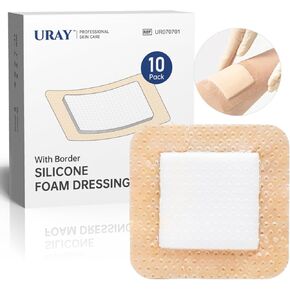 URAY Silicone Foam Dressing with Border, 10 Pack Gentle Adhesive 4"x4" Waterproof Wound Dressing Bandage for Wounds, Highly Absorbent Silicone Bandages