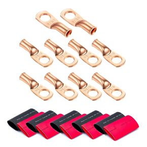 10 Pack UL Copper Wire Lugs 8 Gauge 8 AWG 3/8 Inch Heavy Duty Battery Cable Terminal Connector, Ring Terminal Copper Crimp Lugs Welding Cable Bare Copper Eyelet Lug with Heat Shrink