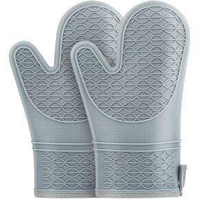Silicone Oven Mitts, Heat Resistant 2PCS Oven Mitts with Soft Cotton Lining, Waterproof Non-Slip Grip Oven Glove, Kitchen Potholder Mits for BBQ, Baking, Cooking, 12.5 Inch - Grey