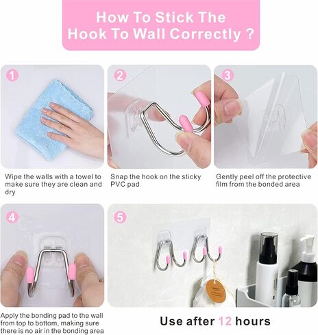 خطافات جدارية لاصقة مزدوجة، 12 عبوة من خطافات لاصقة شديدة التحمل - سعة 13 رطل كحد أقصى، خطافات جدارية غير ملحومة من الفولاذ المقاوم للصدأ للحمام والمطبخ قابلة لإعادة الاستخدام مقاومة للماء والزيت in Kuwait