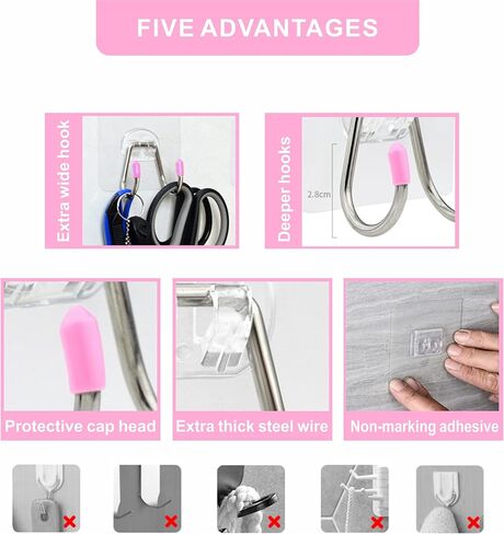 خطافات جدارية لاصقة مزدوجة، 12 عبوة من خطافات لاصقة شديدة التحمل - سعة 13 رطل كحد أقصى، خطافات جدارية غير ملحومة من الفولاذ المقاوم للصدأ للحمام والمطبخ قابلة لإعادة الاستخدام مقاومة للماء والزيت in Kuwait