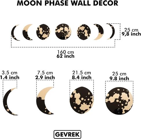 GEVREK– Moon Phase Wall Decor | Moon Phase Mirror, Mirrors for Wall Decor Living Room, Moon Decor, Premium Quality, 7 Pcs, 2 Layers, Boho Wall Decor for Living Room (Gold) in Saudi Arabia