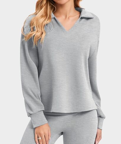 Womens Sweatshirt Casual Long Sleeve Workout Tops V Neck Loose Fit Collared Tunic Sweatshirts Fall Outfits in Saudi Arabia