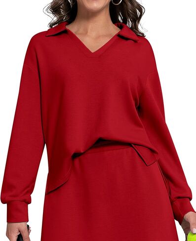 Womens Sweatshirt Casual Long Sleeve Workout Tops V Neck Loose Fit Collared Tunic Sweatshirts Fall Outfits in Saudi Arabia