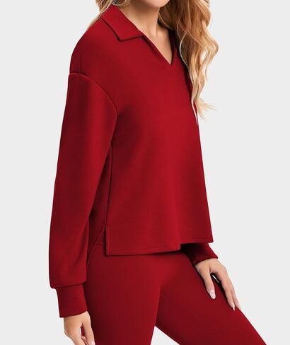 Womens Sweatshirt Casual Long Sleeve Workout Tops V Neck Loose Fit Collared Tunic Sweatshirts Fall Outfits in Saudi Arabia