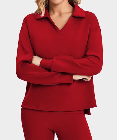 Womens Sweatshirt Casual Long Sleeve Workout Tops V Neck Loose Fit Collared Tunic Sweatshirts Fall Outfits in Saudi Arabia
