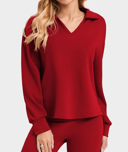 Womens Sweatshirt Casual Long Sleeve Workout Tops V Neck Loose Fit Collared Tunic Sweatshirts Fall Outfits in Saudi Arabia