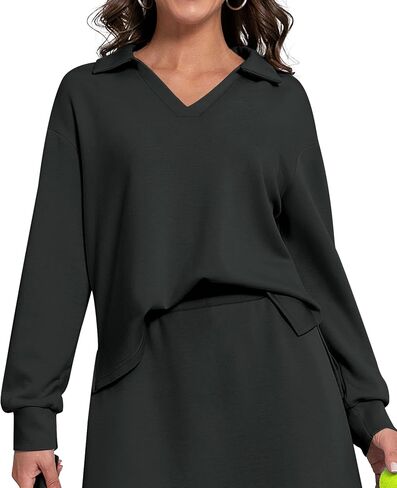 Womens Sweatshirt Casual Long Sleeve Workout Tops V Neck Loose Fit Collared Tunic Sweatshirts Fall Outfits in Saudi Arabia