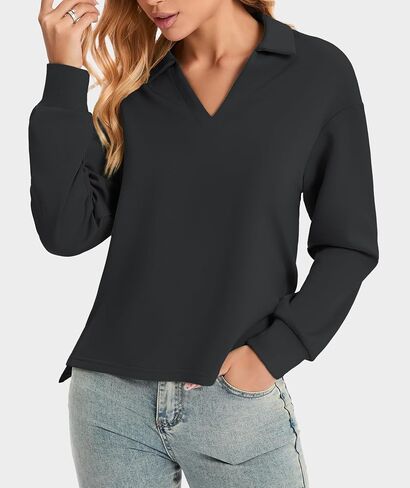 Womens Sweatshirt Casual Long Sleeve Workout Tops V Neck Loose Fit Collared Tunic Sweatshirts Fall Outfits in Saudi Arabia