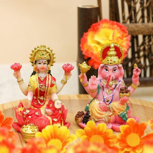 Indian God Ganesh Lakshmi Statue - 2.5"H Hindu God Lord Ganesha Idol for Car Decor Goddess Laxmi Figurine for Car Dashboard Decor Diwali Gifts Temple Mandir Altar Shrine Pooja Item in Kuwait