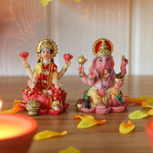 Indian God Ganesh Lakshmi Statue - 2.5"H Hindu God Lord Ganesha Idol for Car Decor Goddess Laxmi Figurine for Car Dashboard Decor Diwali Gifts Temple Mandir Altar Shrine Pooja Item in Kuwait