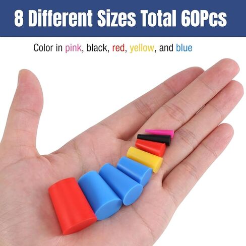 60 قطعة سدادات سيليكون مدببة 8 مقاسات 1/16"-5/8" سدادات مطاطية من السيليكون عالية الحرارة مجموعة سدادات مطاطية عالية الحرارة لحماية الطلاء، ومقابس الفتحات، والرسم، والطلاء in Kuwait