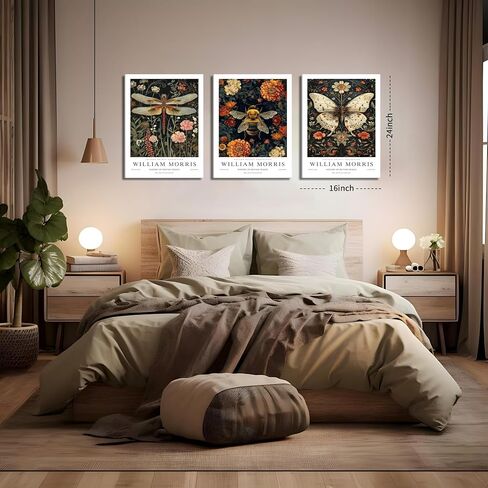 William Morris Canvas Wall Art Set of 3, Vintage Animal Bee Butterfly Dragonfly Posters Prints, Botanical Nature Flower Wall Decor Painting for Living Room Bedroom Bathroom 16x24 In Framed in Saudi Arabia