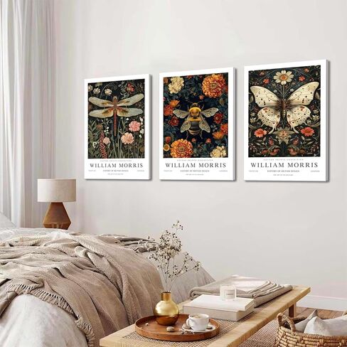 William Morris Canvas Wall Art Set of 3, Vintage Animal Bee Butterfly Dragonfly Posters Prints, Botanical Nature Flower Wall Decor Painting for Living Room Bedroom Bathroom 16x24 In Framed in Saudi Arabia
