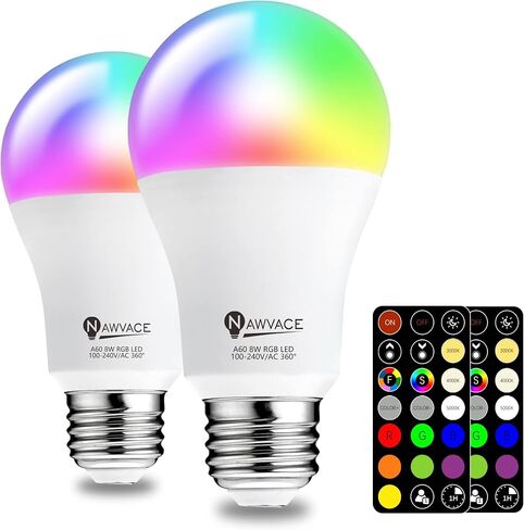 LED Color Changing Light Bulb with Remote Control, 60W Equivalent RGB Bulbs, 8W Dimmable E26 A19 2700K-6000K Warm White Indoor/Outdoor Colored Light Bulbs for Bedroom, Living Room, 2-Pack in Saudi Arabia