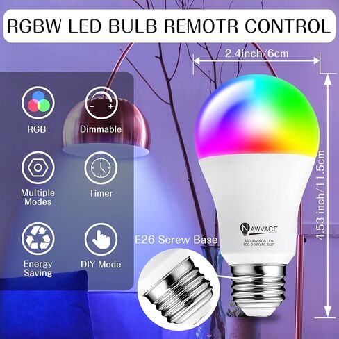 LED Color Changing Light Bulb with Remote Control, 60W Equivalent RGB Bulbs, 8W Dimmable E26 A19 2700K-6000K Warm White Indoor/Outdoor Colored Light Bulbs for Bedroom, Living Room, 2-Pack in Saudi Arabia