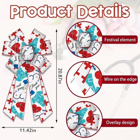 Threetols Healthcare Heroes Wreath Bows, Red White Bows for Wreath Doctor Stethoscope Decorative Bows for Front Thank You Nurse Day Ornaments Hanging Wreath Bow for Indoor Outdoor Decor in Saudi Arabia