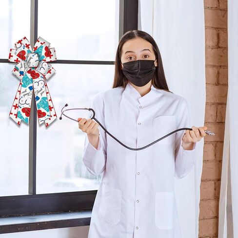 Threetols Healthcare Heroes Wreath Bows, Red White Bows for Wreath Doctor Stethoscope Decorative Bows for Front Thank You Nurse Day Ornaments Hanging Wreath Bow for Indoor Outdoor Decor in Saudi Arabia