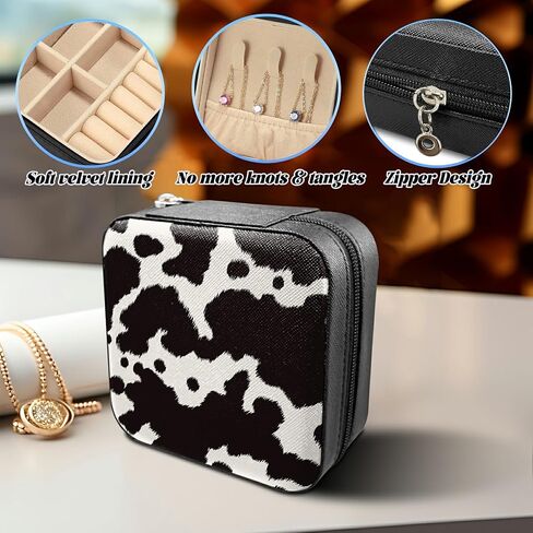 Travel Jewelry Box Plus Mini Folding Mirror, PU Leather Women Jewelry Storage Case Small Portable Jewellery Organizer Holder for Rings Earrings Necklaces Bracelets, Cow Print in Saudi Arabia