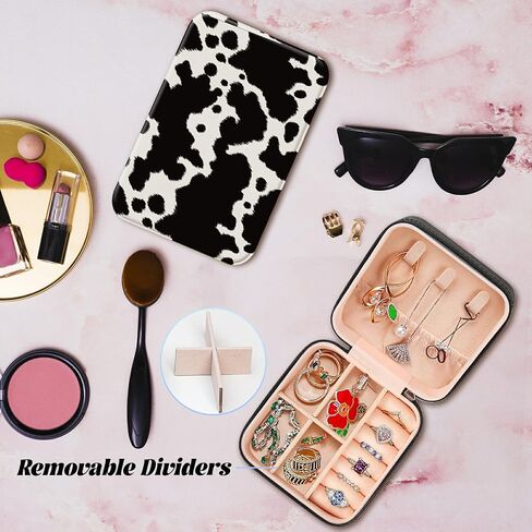 Travel Jewelry Box Plus Mini Folding Mirror, PU Leather Women Jewelry Storage Case Small Portable Jewellery Organizer Holder for Rings Earrings Necklaces Bracelets, Cow Print in Saudi Arabia