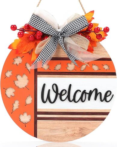FWIEXA Thanksgiving Welcome Wood Hanging Sign(12"x11.4"), Harvest Flowers Thanksgiving Door hanger with Pumpkins Maple Leaves Hazelnuts, Thanksgiving Gift in Saudi Arabia
