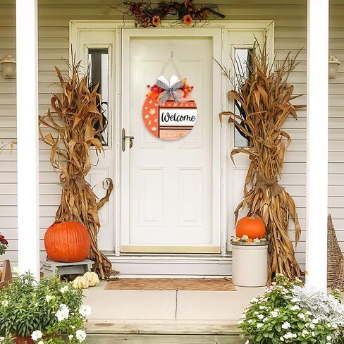FWIEXA Thanksgiving Welcome Wood Hanging Sign(12"x11.4"), Harvest Flowers Thanksgiving Door hanger with Pumpkins Maple Leaves Hazelnuts, Thanksgiving Gift in Saudi Arabia