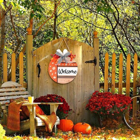 FWIEXA Thanksgiving Welcome Wood Hanging Sign(12"x11.4"), Harvest Flowers Thanksgiving Door hanger with Pumpkins Maple Leaves Hazelnuts, Thanksgiving Gift in Saudi Arabia