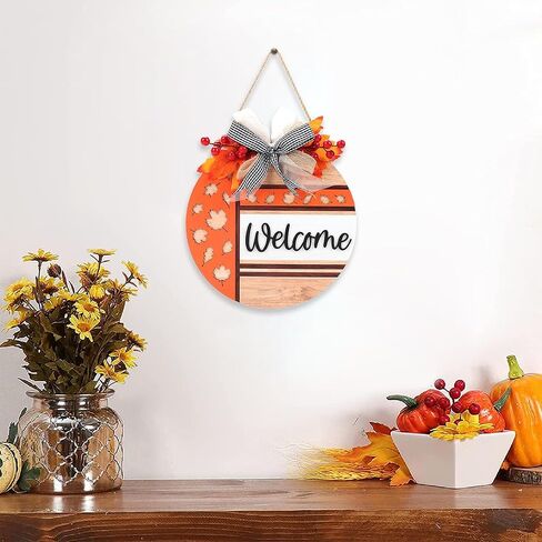 FWIEXA Thanksgiving Welcome Wood Hanging Sign(12"x11.4"), Harvest Flowers Thanksgiving Door hanger with Pumpkins Maple Leaves Hazelnuts, Thanksgiving Gift in Saudi Arabia