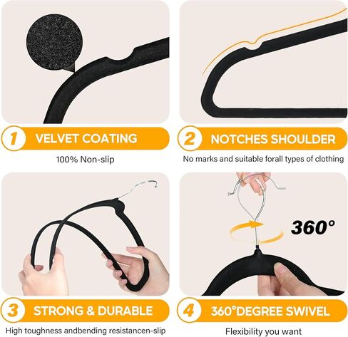 HealSmart 30 حزمة من الشماعات المخملية شديدة التحمل، شماعات لباد غير قابلة للانزلاق مع شقوق كتف، شماعات للمعاطف والسراويل وملابس الفساتين، أسود in Kuwait