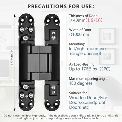Hidden Door Hinge (7in)-2PC Invisible Door Hinges,3D Adjustable 180 Degree Invisible Hinges,176.5 lb.Load Capacity.(Black, 7 x 2.8 x 1) in Saudi Arabia