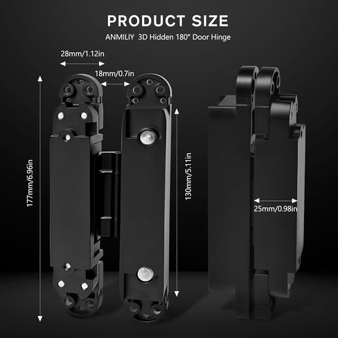 Hidden Door Hinge (7in)-2PC Invisible Door Hinges,3D Adjustable 180 Degree Invisible Hinges,176.5 lb.Load Capacity.(Black, 7 x 2.8 x 1) in Saudi Arabia