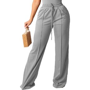 PINSV Women's Casual Wide Leg Pants High Waisted Drawstring Baggy Sweatpants Elastic Straight Leg Lounge Pants