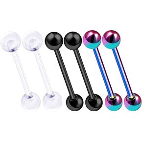 MATIGA 6Pcs Black Rainbow Anodized Bioflex Clear 14g Barbell Tongue Piercing Jewelry Nipple 6mm Bio 5mm Anodized Ball More Choices