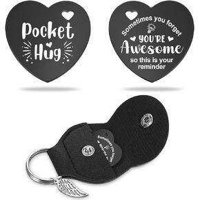 Lasimfa Pocket Hug Sometimes You Forget You’re Awesome Black Stainless Steel Double-Sided Heart Shaped Token with Leather Bag Birthday Christmas Gift for Friends Daughter Son